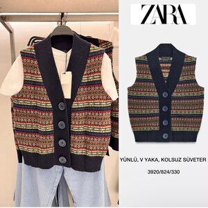 ZARA ZW WOMAN FW25 JACQUARD WOOL KNIT VEST GILET SMALL S MULTICOLORED 3920/824